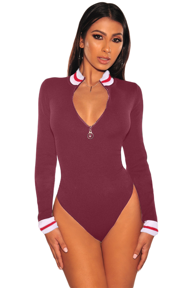 BY32308-3 CLARET WHITE RED STRIPED RIBBED KNIT MOCK NECK ZIPPER BODYSUIT